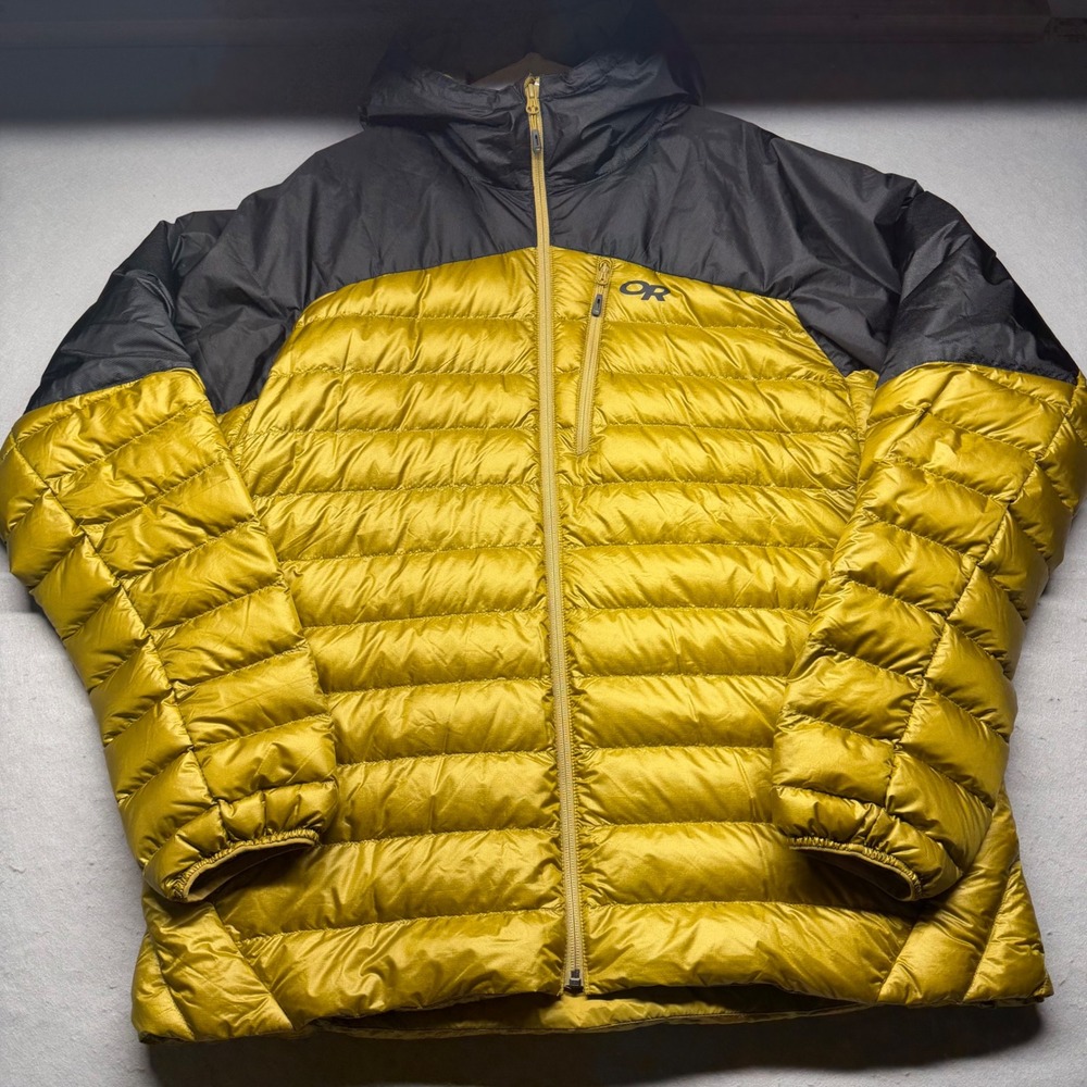 Outdoor Research Jacket Mens XXL Yellow Helium Down Hooded Puffer 277572 F20